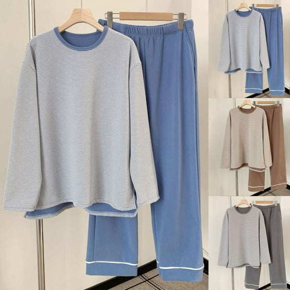 Bxsruta Mens Pajama Set Long Sleeve Crew Neck Top with Matching Loungewear Pants Sleepwear