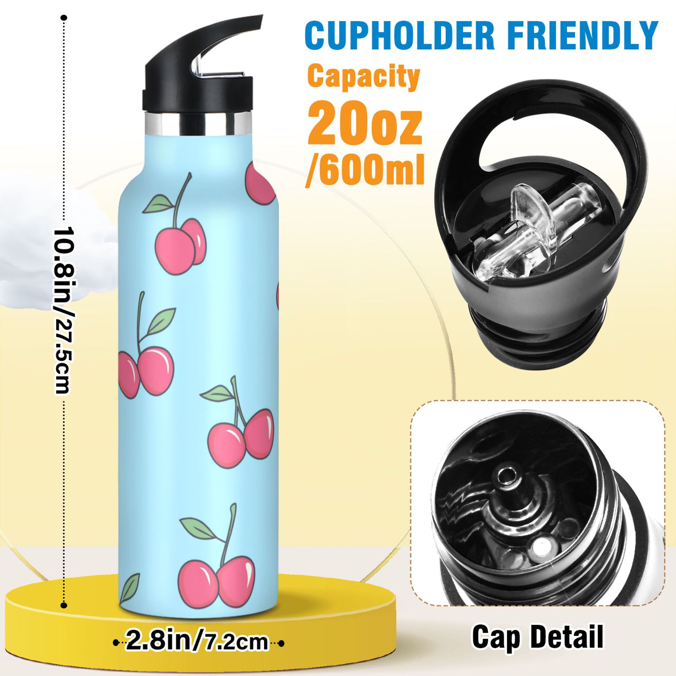 Kids Insulated Stainless Steel Sports Water Bottle 600ml (20oz) Cartoon Cherry Pattern