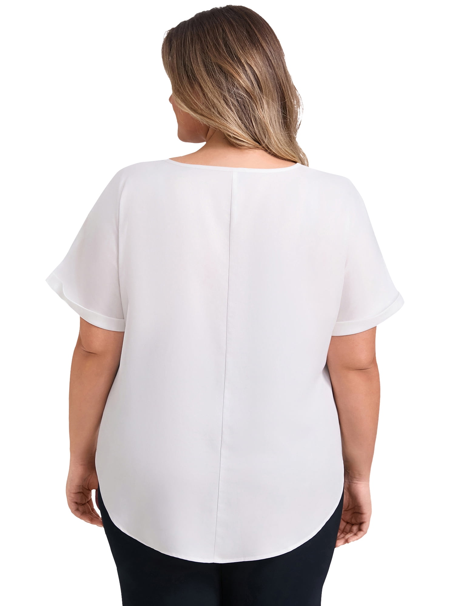 DARING DIVA Women's Plus Keyhole Neck Petal Trim Short Sleeve Blouse 4X White