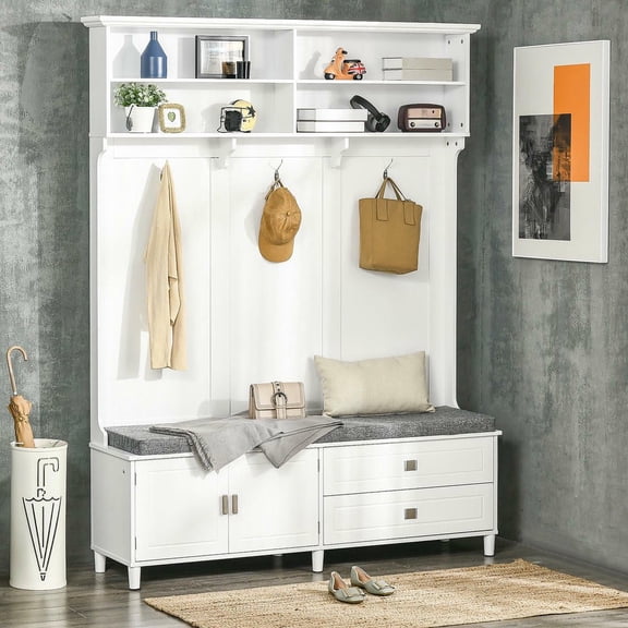 Resenkos Hall Tree - Storage Bench, Coat Rack, Storage Shelves, Cabinet, Drawers, Hallway/Mudroom, White