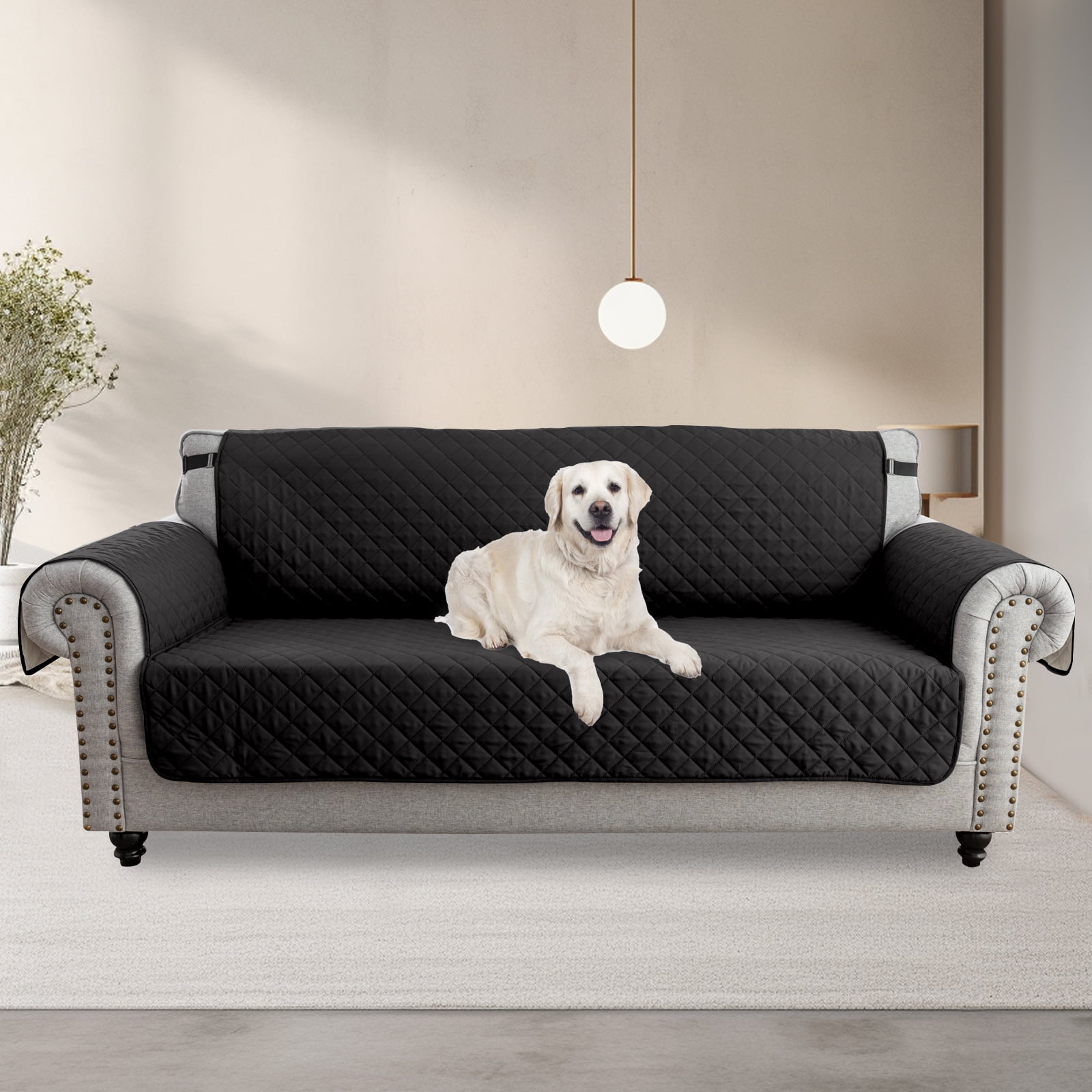 Sanmadrola Reversible Sofa Cover Machine Washable Couch Cover Water Resistant Slipcover Non Slip Furniture Protector for Dogs, Children, Pets, Loveseat Size, Black