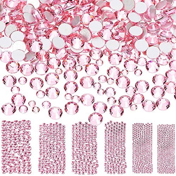 Bememo 3456 Pieces Nail Crystals AB Nail Art Rhinestones Round Beads Flatback Glass Charms Gems Stones, 6 Sizes for Nails Decoration Makeup Clothes Shoes (Pink)