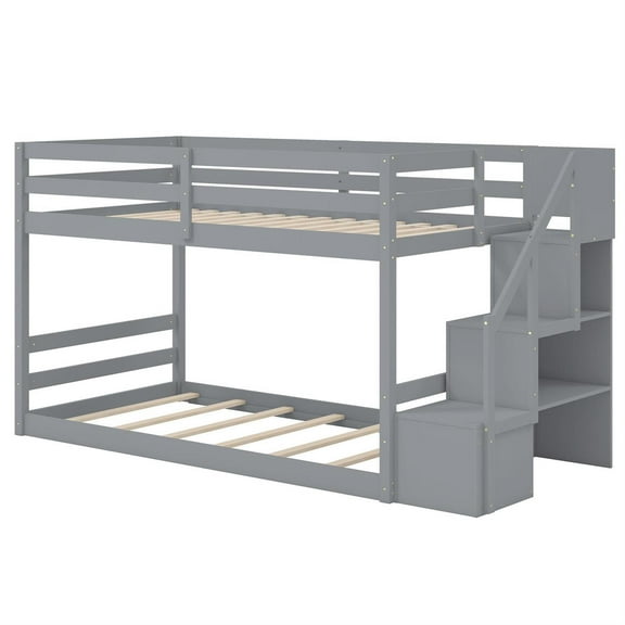 Spaco Twin over Twin Low Bunk Bed, Solid Wood Frame with 14 7 Plywood Slats, Storage Stairs (3 Compartments), Full-Length Guardrails, Gray