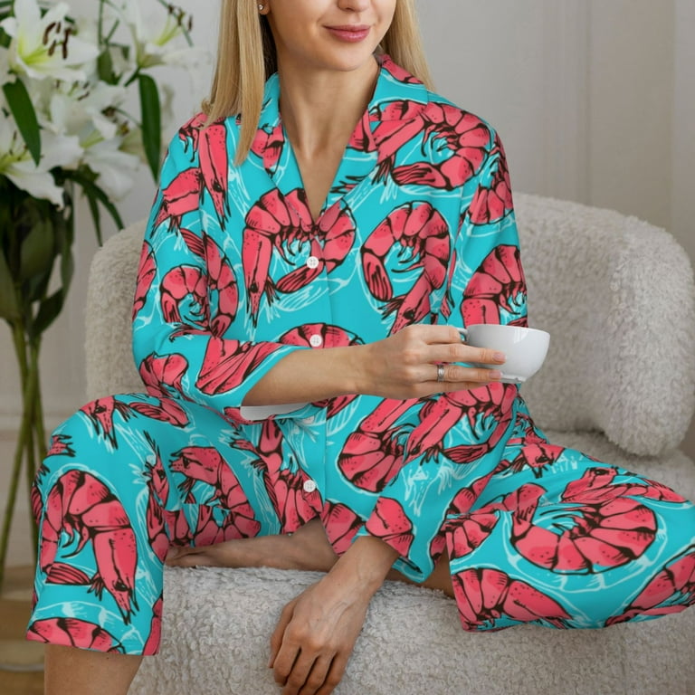 Pajamas for Women Set Red Blue Lobster Print Soft Comfy Long Sleeve Button Up Pajama Sets for Women 2 Piece Sleepwear Nightwear Pjs Lounge Sets for Women with Pockets Walmart
