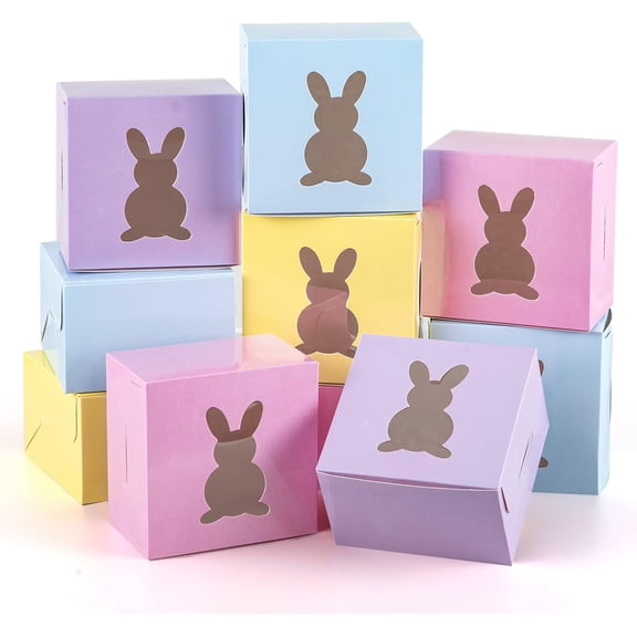 "Easter Treat Boxes with Bunny Window (4 x 4 x 2.6 Inch) Cardboard Box in Candy Colors and Pastel Spring Style, Suitable for Holding Cupcake, Rabbit Cookie, Goodie, Candy; Used as Holiday Party Favor