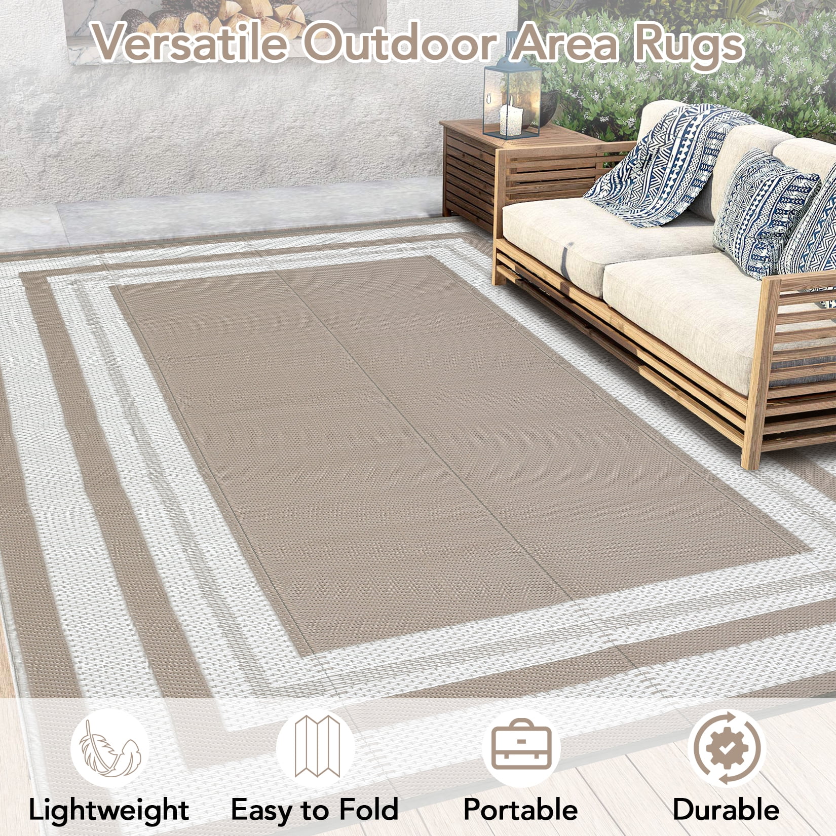 HOMERRY Geometric Border Outdoor Rug Straw Plastic Area Rug for Balcony Pool RV Waterproof Reversible Carpet, Brown/White, 8'x 10'