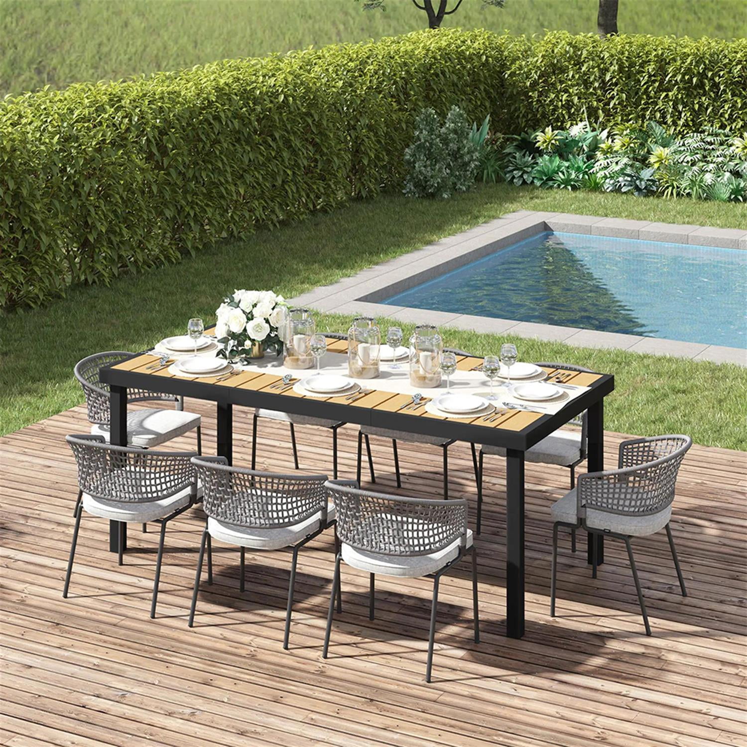 Demi Bonn 8 People Outdoor Dining Tables with All-Weather Faux Wood Top, Rectangular Aluminum Frame Patio Table, Garden Dining Table for Backyard, Lawn, Porch, Brown