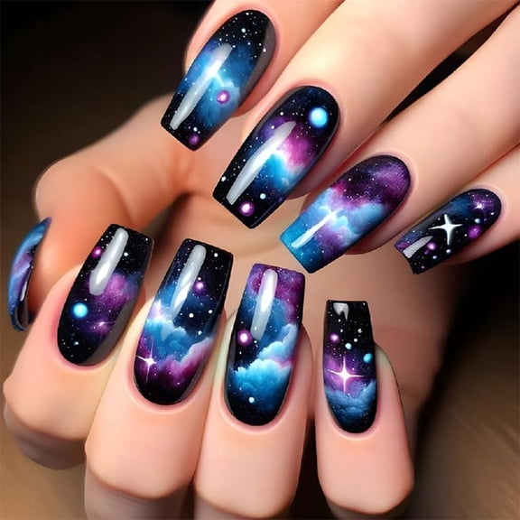 JZROCKER 24x Square False Nails Stylish Artificial Nails Glossy Full Covers Stick on Nails Colorful Star Clouds Press On Nails