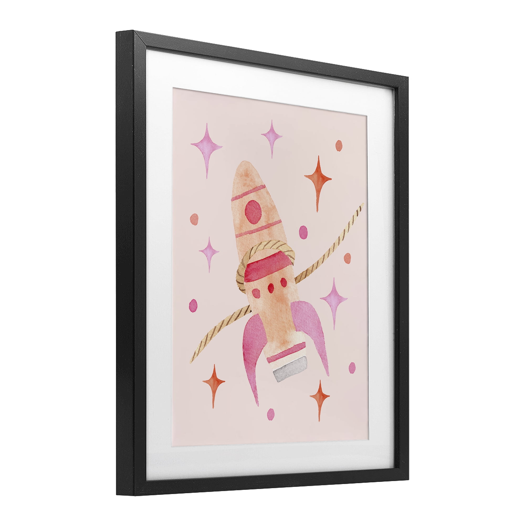 Lasso Rocket Ship Black Framed Print Under Glass, design by Nina Jacobs