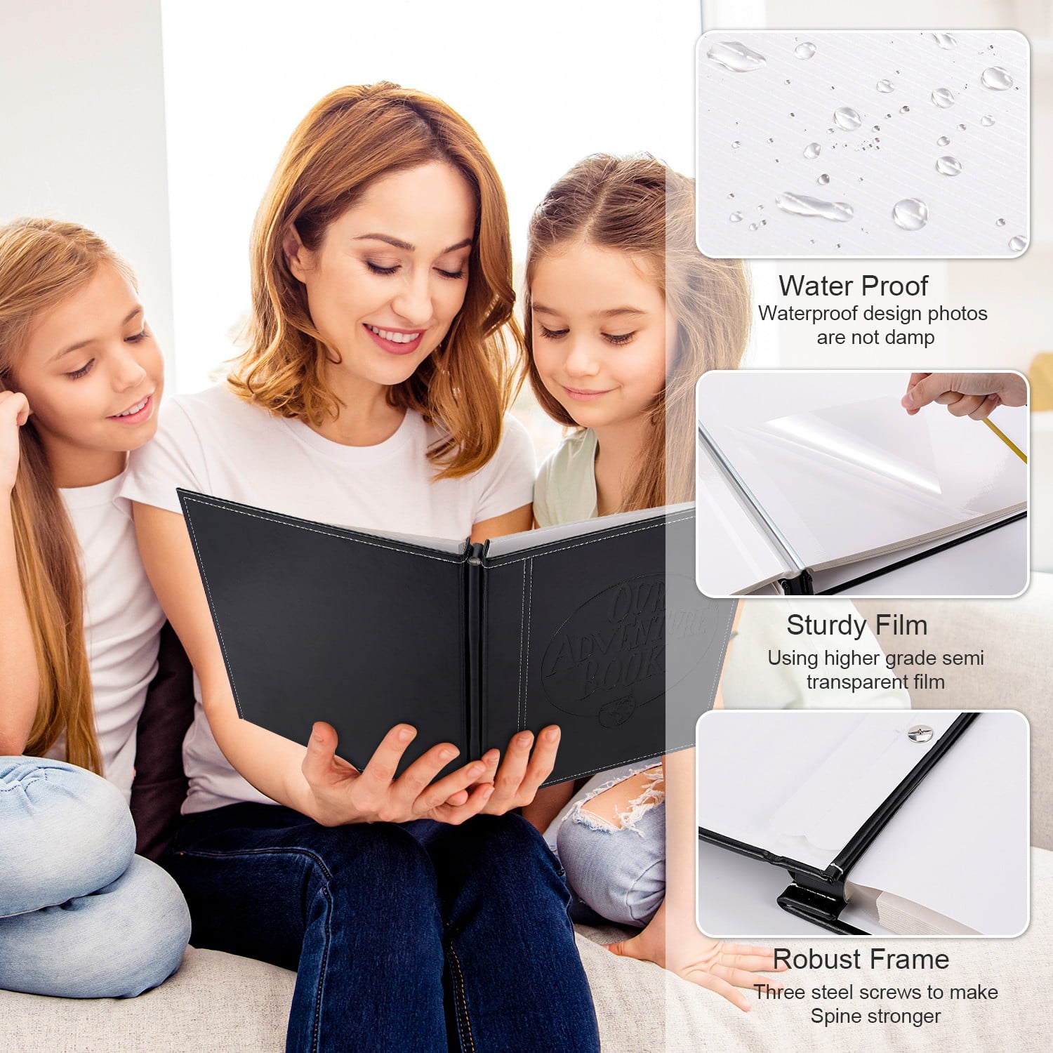 TJT Photo Album for 3x5 4x6 5x7 8x10 Pictures, 40 Pages Leather Large Self Adhesive Pictures Album Birthday Christmas Wedding Anniversary, Black
