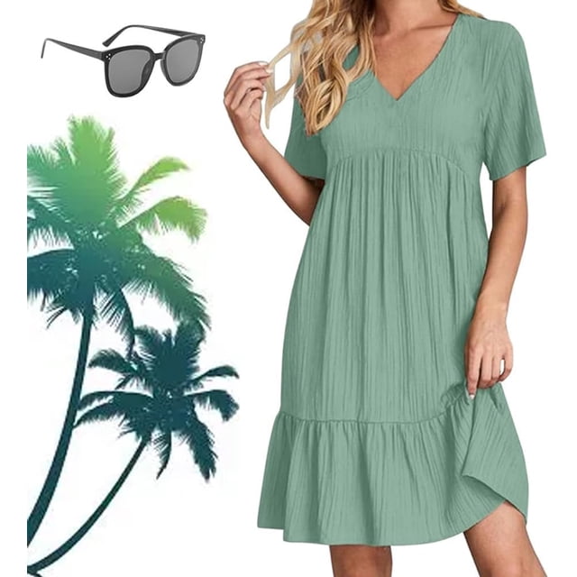 Ropa de mujer retro con cuello en V, vestido fluido de cintura informal suelto de color sólido para mujer, vestidos retro para mujer