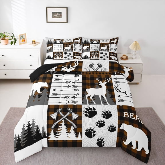 Erosebridal Plaid Deer Bear Quilt Set Rustic Cabin Twin Bedding Sets Men Lodge Hunting Comforter Set Woodland Bed Set Brown Black White Grey Farmhouse Decor 1 Pillow Case