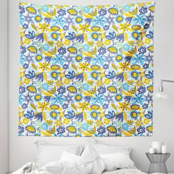 Floral Tapestry, Abstract Flowers Chrysanthemum Design and Tender Butterflies, Fabric Wall Hanging Decor for Bedroom Living Room Dorm, 5 Sizes, Earth Yellow Blue, by Ambesonne