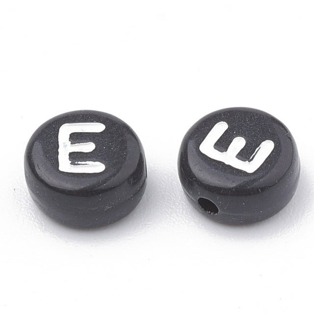 Opaque Acrylic Beads Horizontal Hole Alphabet Style Flat Round Letter.E 7x4mm Hole: 1.5mm about 370pcs/50g