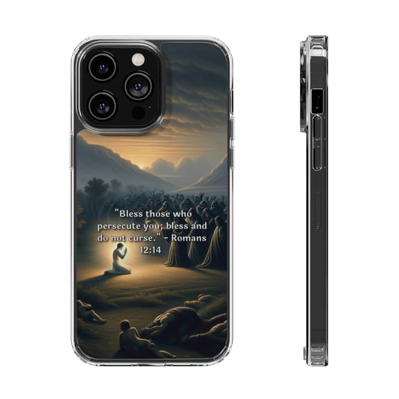 DistinctInk Hybrid (Acrylic / TPU) Clear Slim Fit Case for Apple iPhone 15 Pro MAX (6.7" Screen) - "Bless and Do Not Curse: Romans 12:14 Explained"