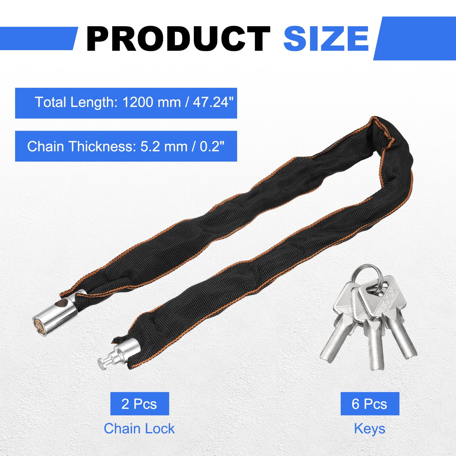 Bike Chain Lock, (47 Inch, Black) (2 Pcs), Manganese Steel Anti-Theft Bicycle Chain Round Lock with Keys, Suit for - Bike/Motorcycle/Scooter/Truck