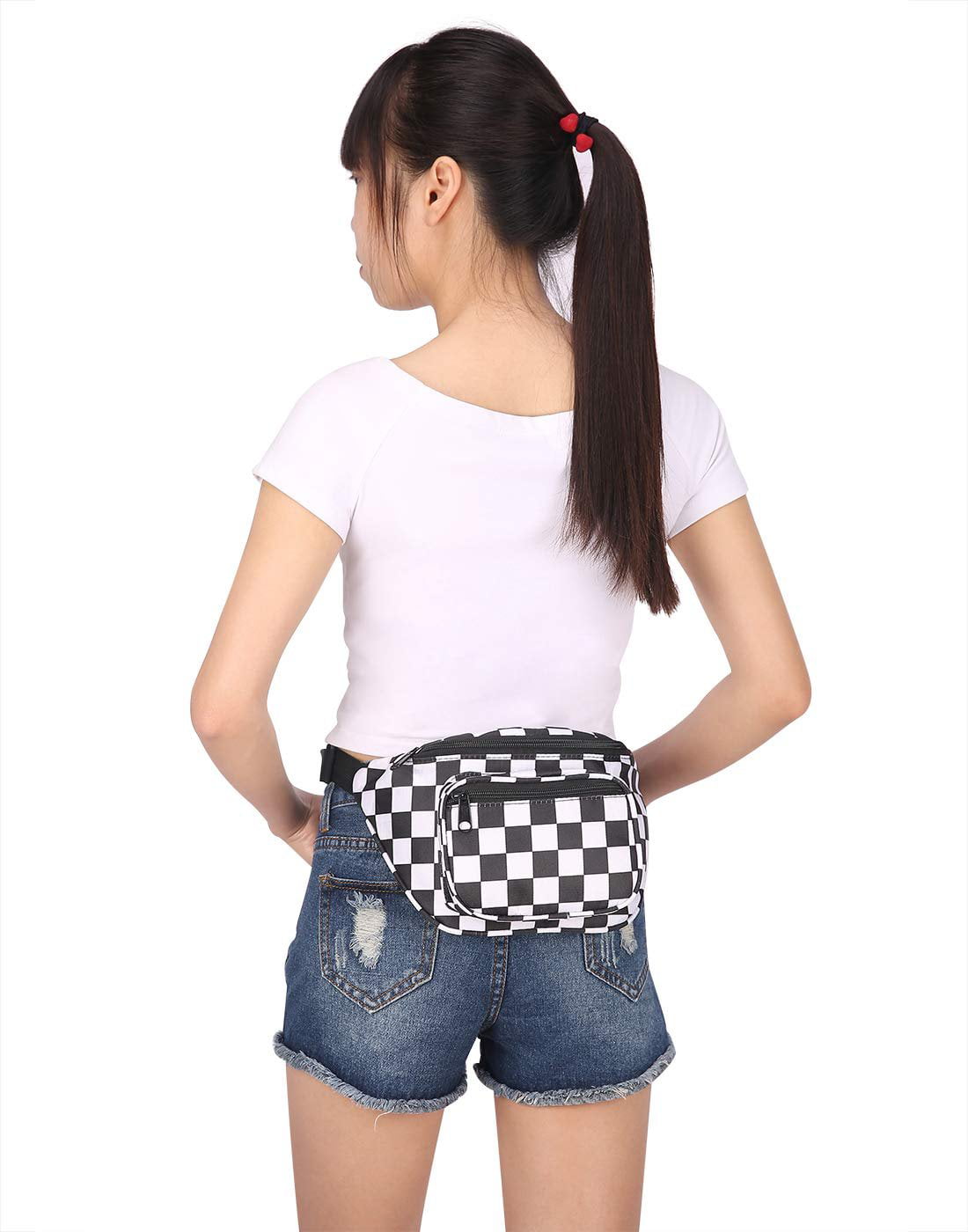 Fanny Pack, PU Waist Fanny Pack Bum Bag for Women Men，Waterproof Waist Pack  Retro Neon Fanny Bag for Festival, Rave (Black and White Checkerboard)