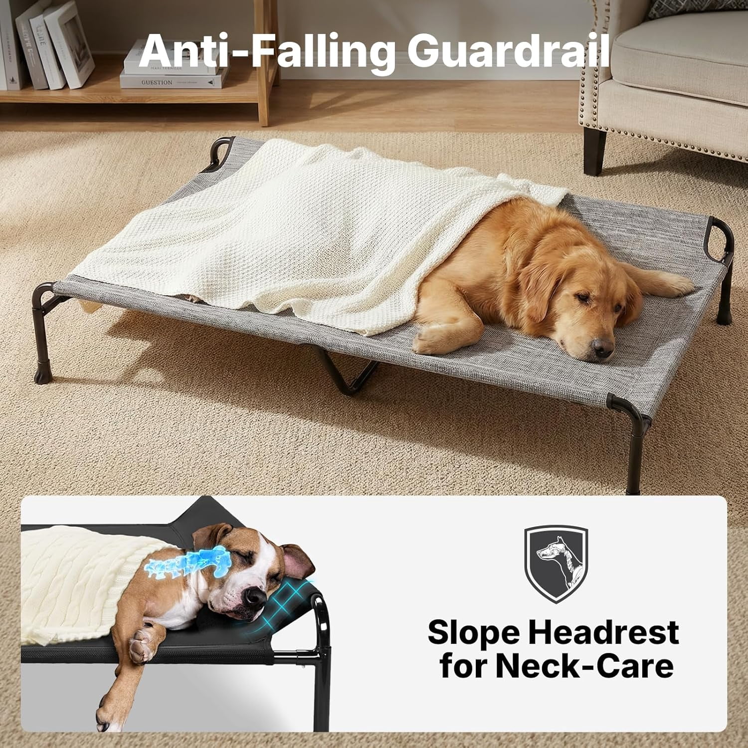 Outdoor Dog Bed, 53" XXL Raised Dog Bed, Elevated Dog Bed with Headrest, Washable Cooling Dog Cot with Non-Skid Feet, Breathable Mesh, Portable Pet Hammock for Indoor or Camping, Black Silver