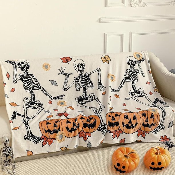 Manta de Halloween con diseño de fantasma bohemio, suave, de franela, con diseño de calabaza otoñal, con hojas florales, para decoración de Halloween, para sofá cama, regalos para fiestas navideñas