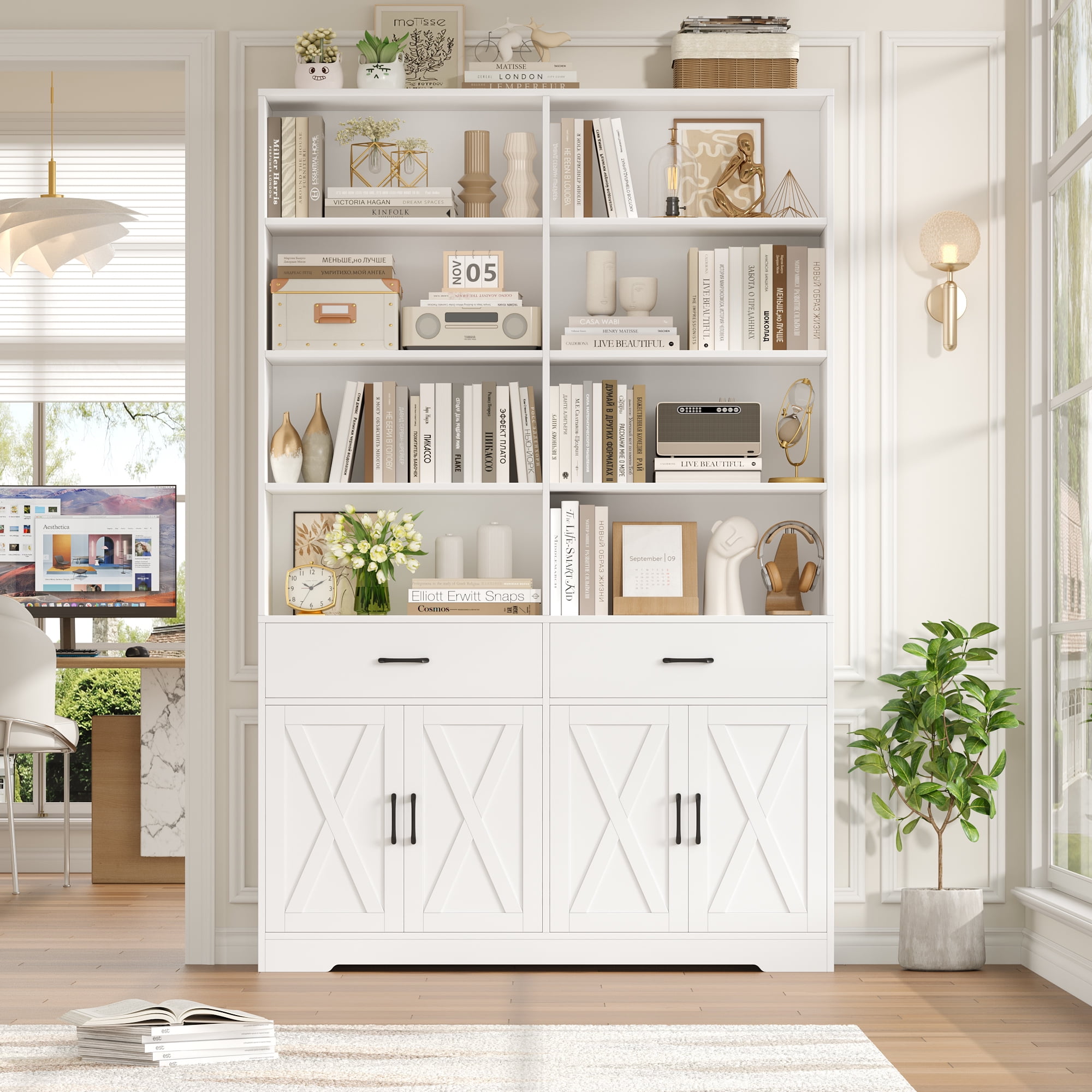 Hiphuta 78" Tall Double Row Bookcase with 2 Drawers, Farmhouse Large Bookshelf with Cabinet, Storage Bookcase with Doors for Office Living Room, White