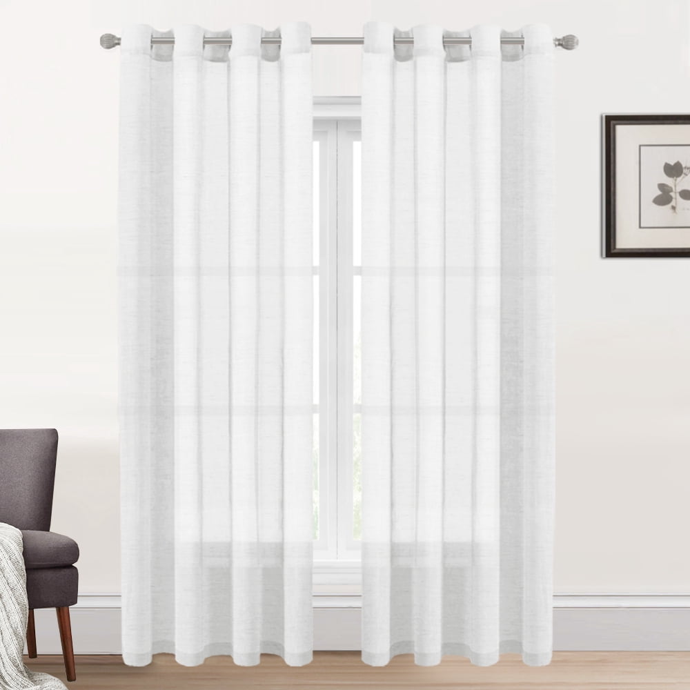 PrimeBeau Semi Sheer Linen Curtains Light Filtering Grommet Draperies, 52"x84" , 2 Panel Set, White