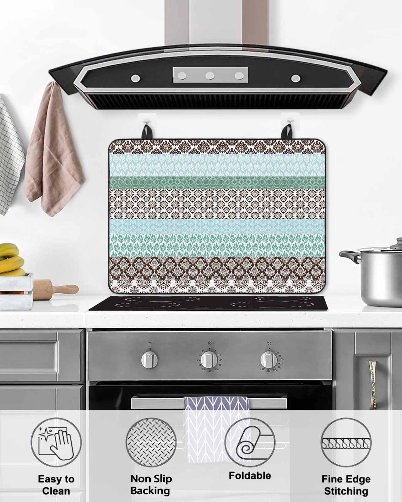 nqOlkjepod Large Induction Cooktop Protector Mat 24"x21", Boho Geometric Stove Top Covers for Electric Stove, Turquoise Green Brown Tribal Stripes Stove Burner Cover Mats, Glass Top Stove Cover