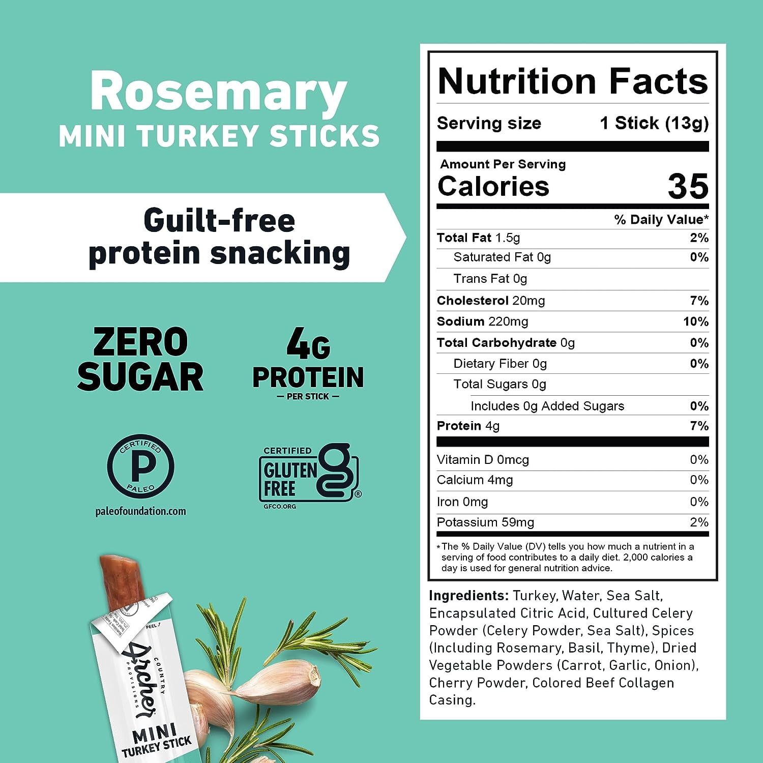 Rosemary Turkey Mini Jerky Sticks by Country Archer, 100% Natural Turkey, Zero Sugar, Gluten Free, High Protein Snacks .5 Ounce, 36 Count