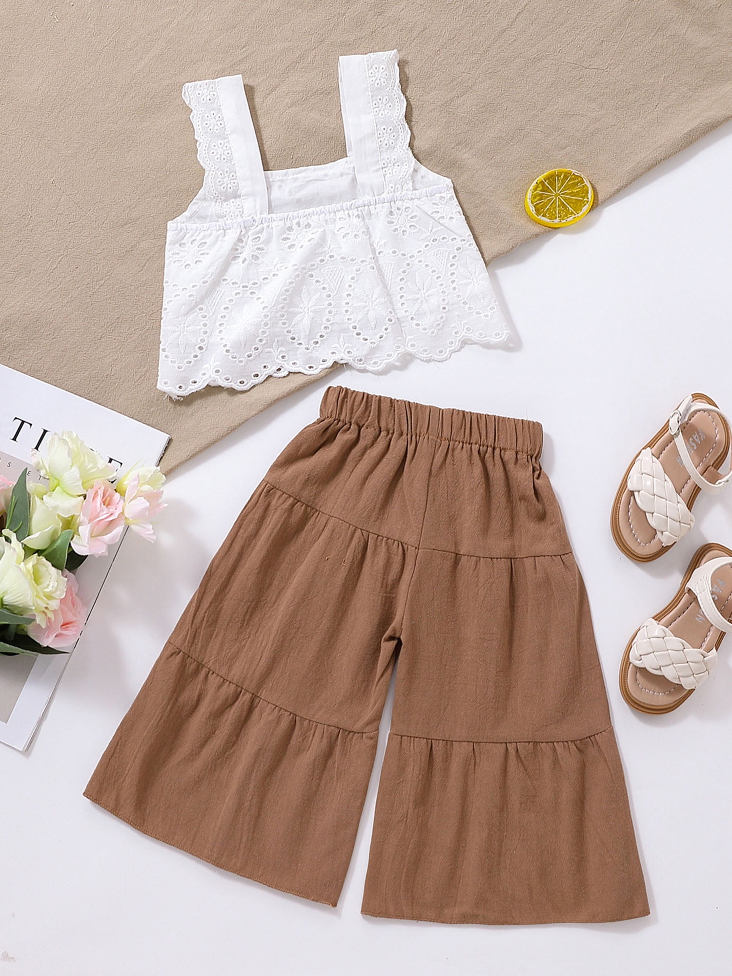 Bagilaanoe 2PCS Toddler Baby Girl Outfits Floral Lace Sleeveless Crop Tops Flared Pants 1T 2T 3T 4T 5T Kids Summer Casual Set