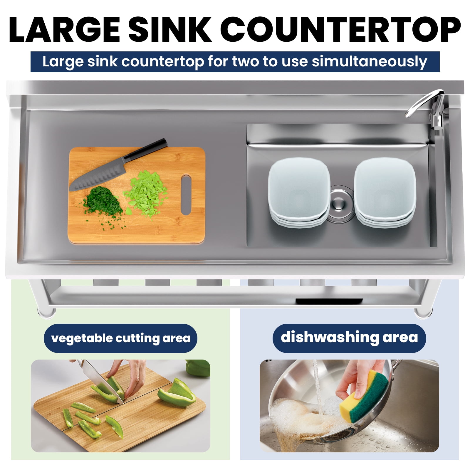 Utility Sink, Heavy Duty Commercial Kitchen Sink, Freestanding Laundry Tub, Outdoor Freestanding Kitchen Sink with Cold & Hot Water Faucet for Catering, Courtyard