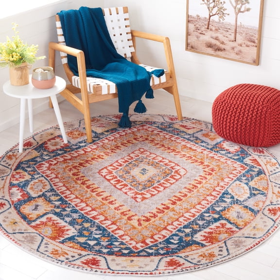 Safavieh Farmhouse Flannery Southwestern Area Rug, Ivory/Navy, 6'3" x 6'3" Round