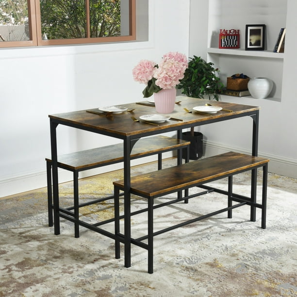 HOMYLIN Juego de Mesa y Sillas de Comedor, Mesa de Comedor de Cocina de Madera Rústica con 2 Bancos, 4 Asientos, Ideal para Casa, Cocina y Comedor. Vintage.