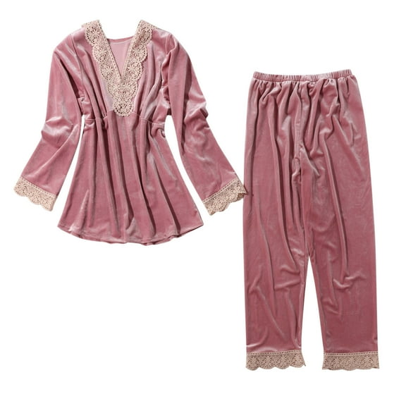 Lindreshi Pajamas for Women Set Long Sleeve 2pc Nightgown Women's Gold Velvet Embroidered lace Long Sleeve Shirt Trousers Pajama