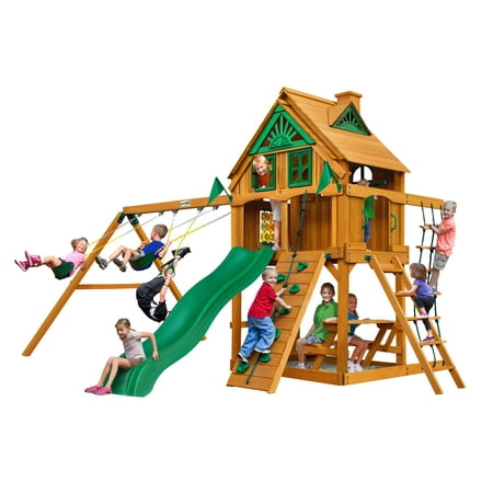 Gorilla Playsets Chateau Clubhouse Treehouse Wooden Swing Set with Fort Add-On and Rock Climbing