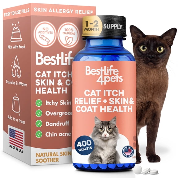 BestLife4Pets Cat Itchy Skin Relief & Hair Loss Supplement, Holistic Skin Allergy Relief - 400 Pills