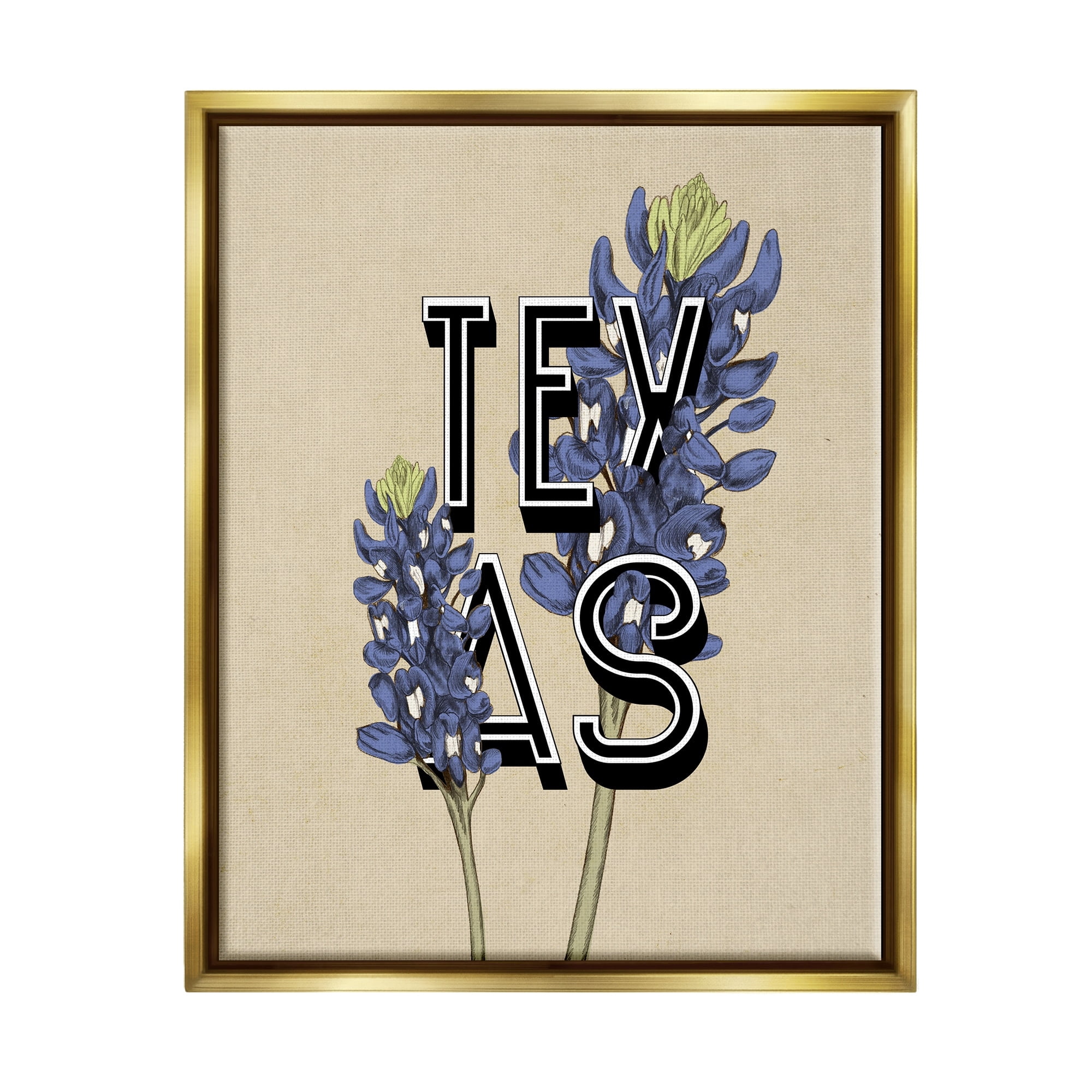 Stupell Industries Texas State Flower Bluebonnet Plant Sprigs Typography Graphic Art Metallic Gold Floating Framed Canvas Print Wall Art, Design by Daphne Polselli