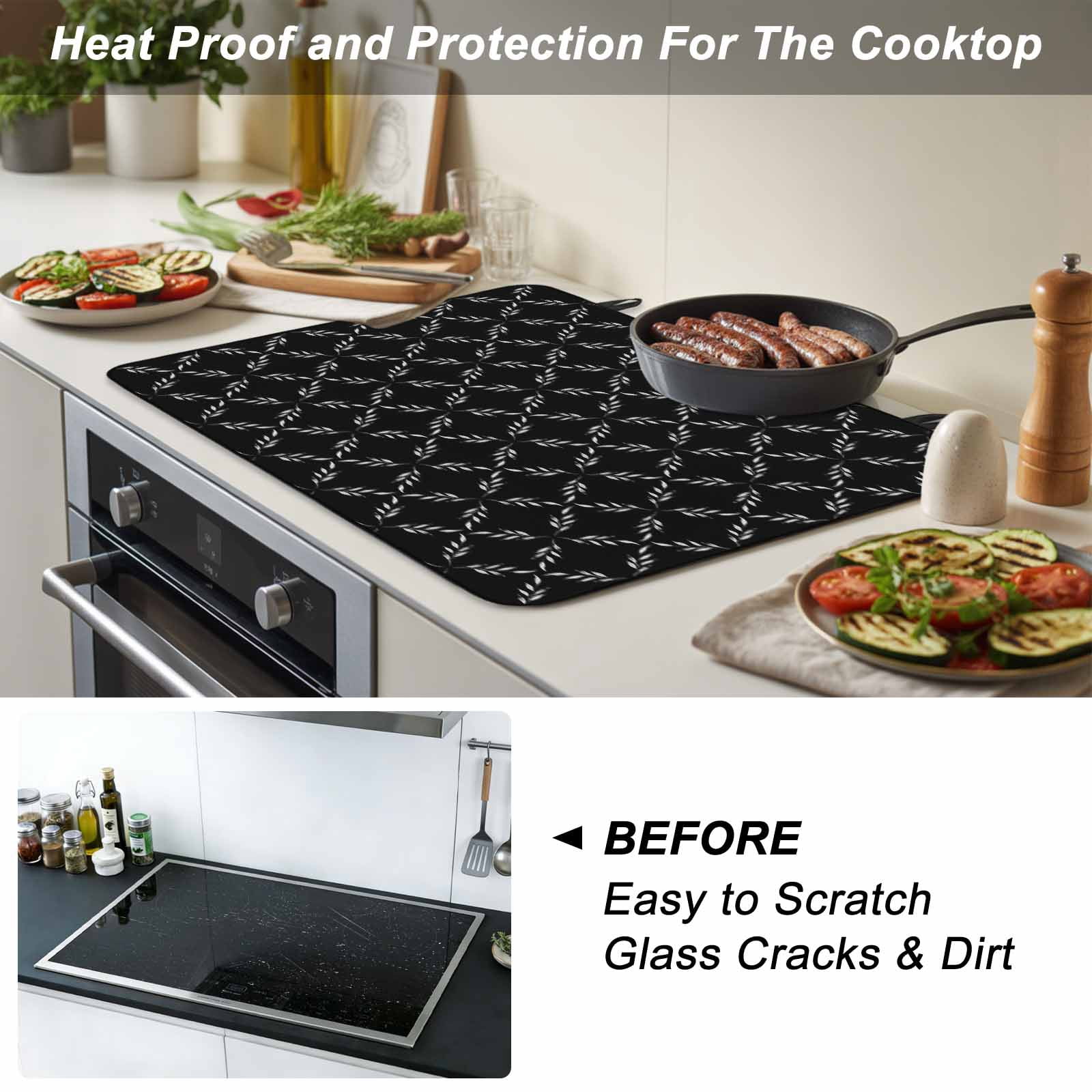 Black Morocco Stove Top Cover for Electric Stove, Heat-proof & Non Slip Glass Top Stove Cover Protector, Geometric Leaf Diamond Lattice Abstract Kitchen Flat Cooktop Rubber Mat 36x21 Inches