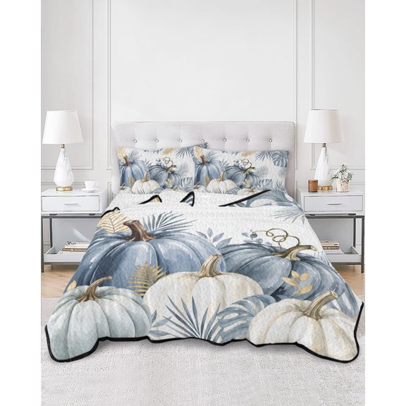 Quilts Twin XL Size, Fall Thanksgiving Soft Comforter Bedding Set for Bed, Blue White Pumpkin Monstera Leaf Rustic Lightweight Quilted Bedspread with Pillow Cover(2 Pieces) for All Season, 68x98 Inch