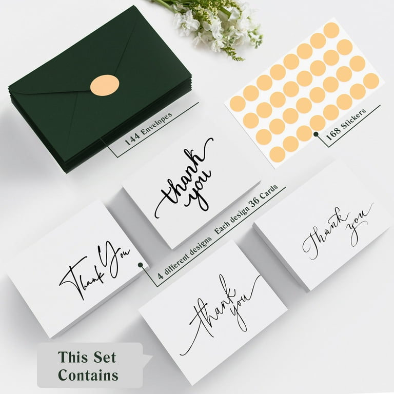 Thank You Cards With Envelopes 144 Pack Bulk,Goefun 4×6 Green Blank Thank You Notes And Stickers, Elegant Liner And 4 Stylish Designs For Wedding, Baby Shower, Bridal Shower, Small Business