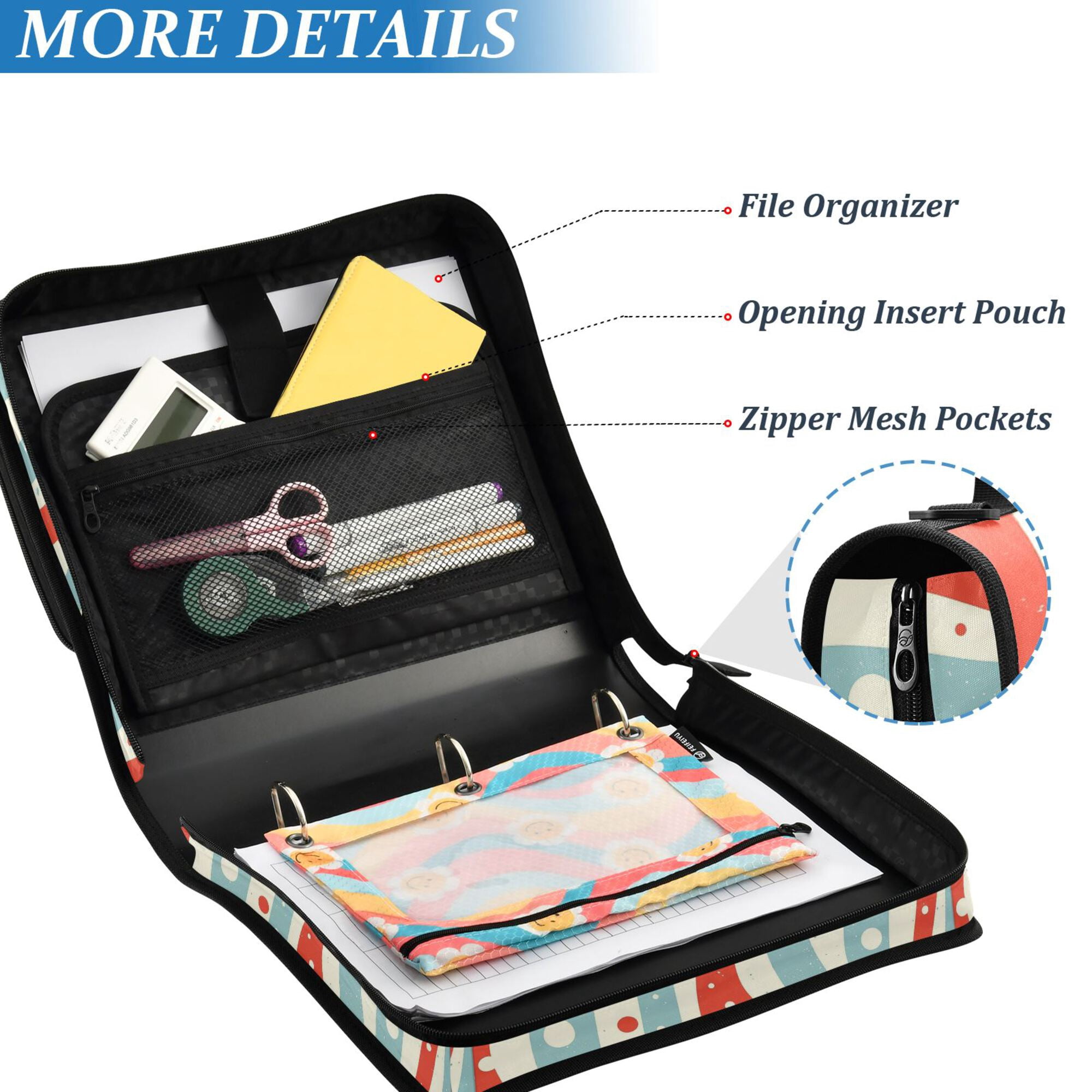 FORMRS Zipper Binder with Shoulder Strap 2-inch Ring 500 Sheet Capacity File Bag, Light Blue Pattern