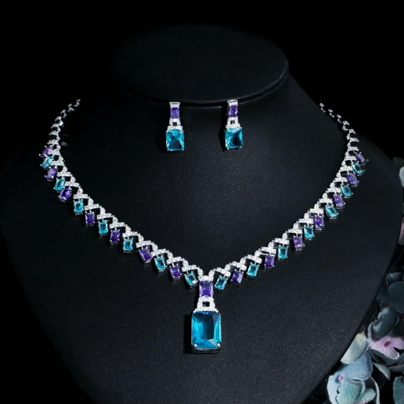 Purple Blue CZ Crystal Square Dangle Drop Bridal Wedding Necklace Jewelry Set