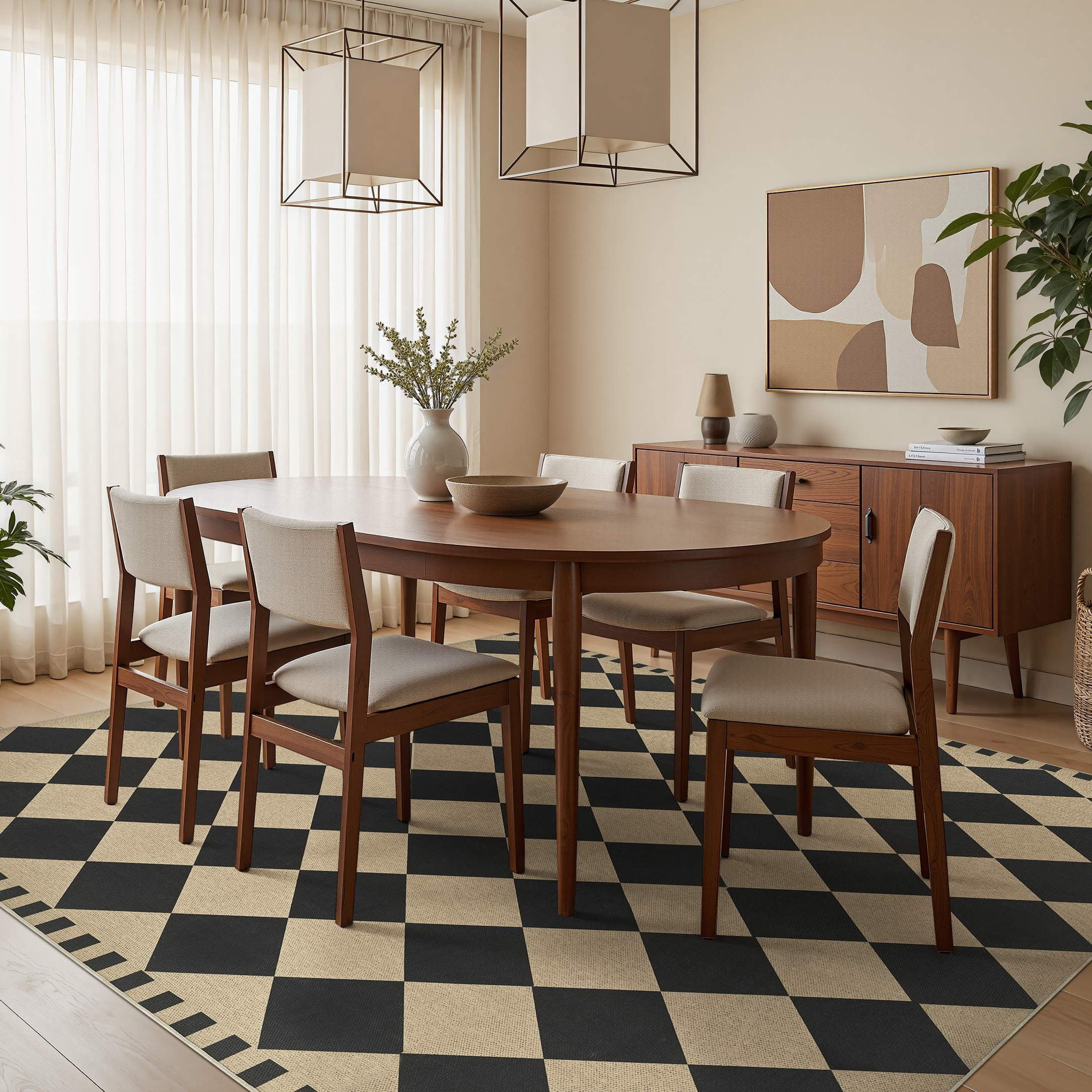 UERMEI Checkered Easy Jute 5x7 Area Rugs, Washable Rug for Living Room Diamond Indoor Outdoor Carpet, Farmhouse Geometric Non Slip Black Carpet for Backyard Dining Room