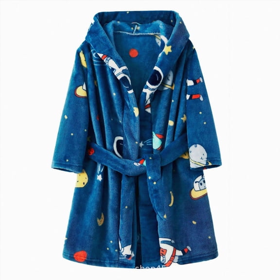 Kids Coral Fleece Bathrobe,Soft Plush Hooded Robe with Adjustable Belt,Cute Cartoon Print,for Boys Girls Toddlers 2-12 Years,Warm Loungewear Shower Robe Kids Pajamas Gibobby,Blue,Size 5-6T