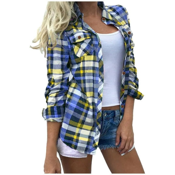 Brilliant Plus Size Clearance Womens Flannel Plaid Shirts Roll Up Long Sleeve Mid-Long Casual Boyfriend Shirts with Pockets Blue M