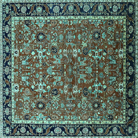 Ahgly Company Machine Washable Indoor Square Oriental Turquoise Blue Industrial Area Rugs, 6' Square
