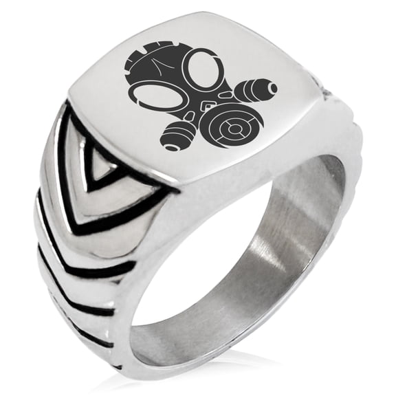 Stainless Steel Biohazard Gas Mask Chevron Pattern Biker Style Polished Ring
