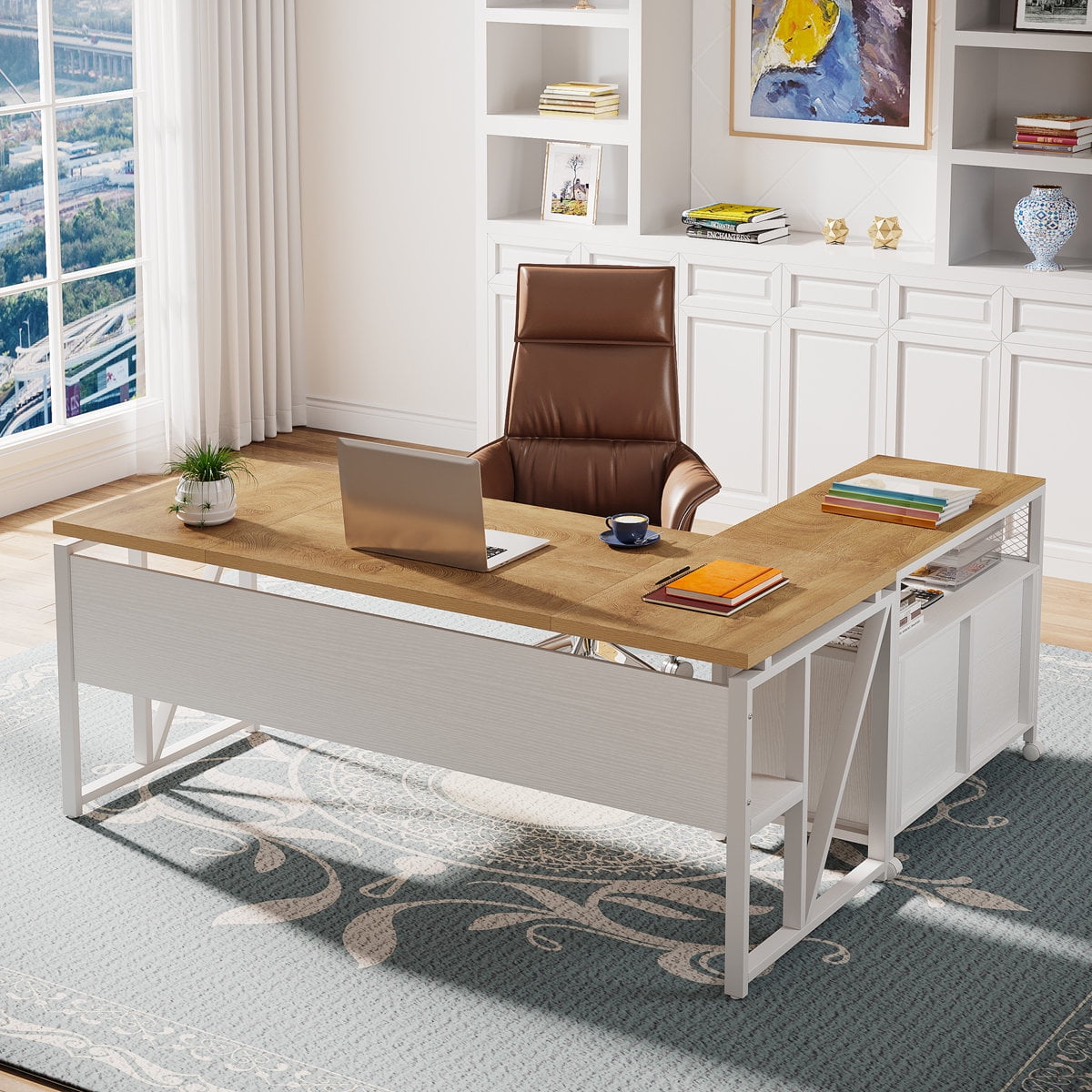 Tribesigns L-Shaped Executive Desk And Lateral File Cabinet (Oak Brown and White）