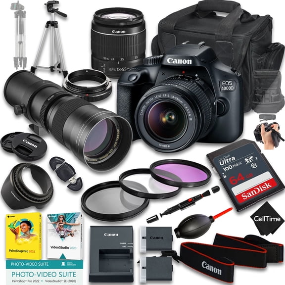 Canon EOS 4000D / Rebel T100 DSLR Camera with EF-S 18-55mm f/3.5-5.6 III And 420-800mm f/8 Manual Super HD Telephoto Lens   64GB Memory   More (21pc Bundle) (International Version)