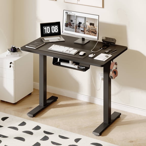 FitStand Electric Standing Desk with Clamp Power Strip, 40" x 24" Height Adjustable Sit Stand up Desk with Cable Management and Side Hooks for Home Office, Black