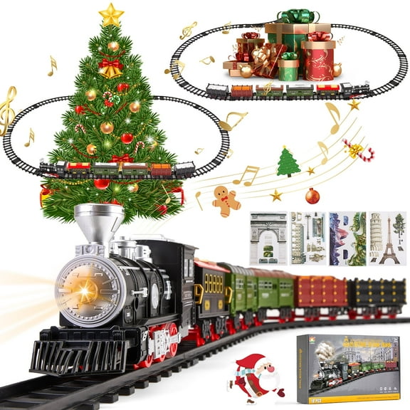Gleamkid Electric Train Set for Kids, Train Track Toy with Smoke & Light & Sound, Christmas Train Gift for Boy & Girl
