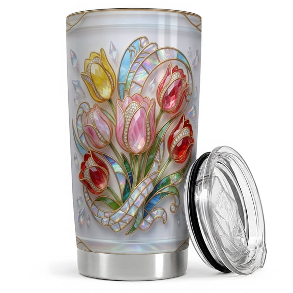 Jeweled Tulip Bouquet 20oz Tumbler, Tulip Tumbler for garden drinks, pink red yellow gems with gold stems and iridescent leaves, bright floral art cup for women and spring fans